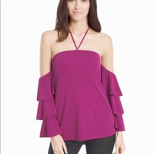 WHBM | purple tiered off the shoulder ruffle top